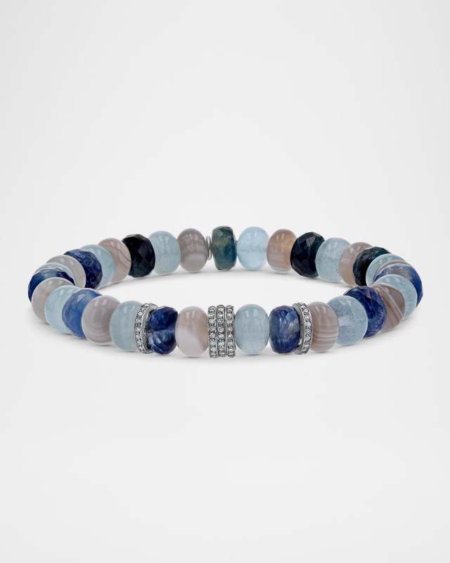 Blue and Grey Mix Bead Bracelet with Diamond Rondelles